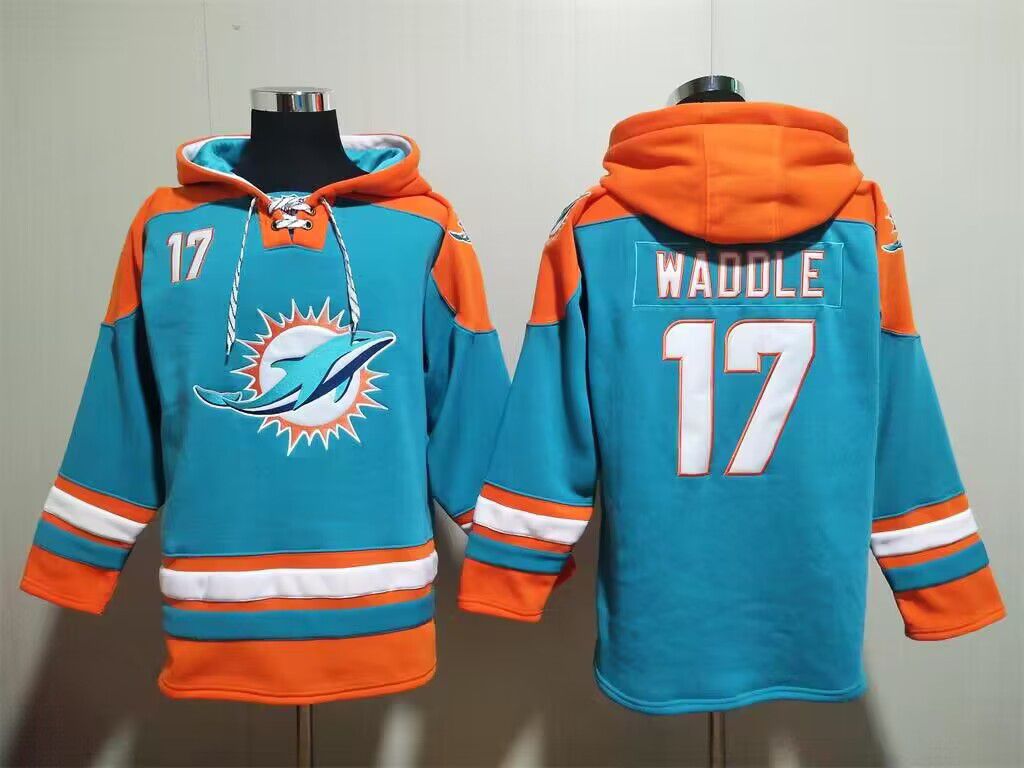 Men's Miami Dolphins #17 Jaylen Waddle Aqua Lace-Up Pullover  Hoodie