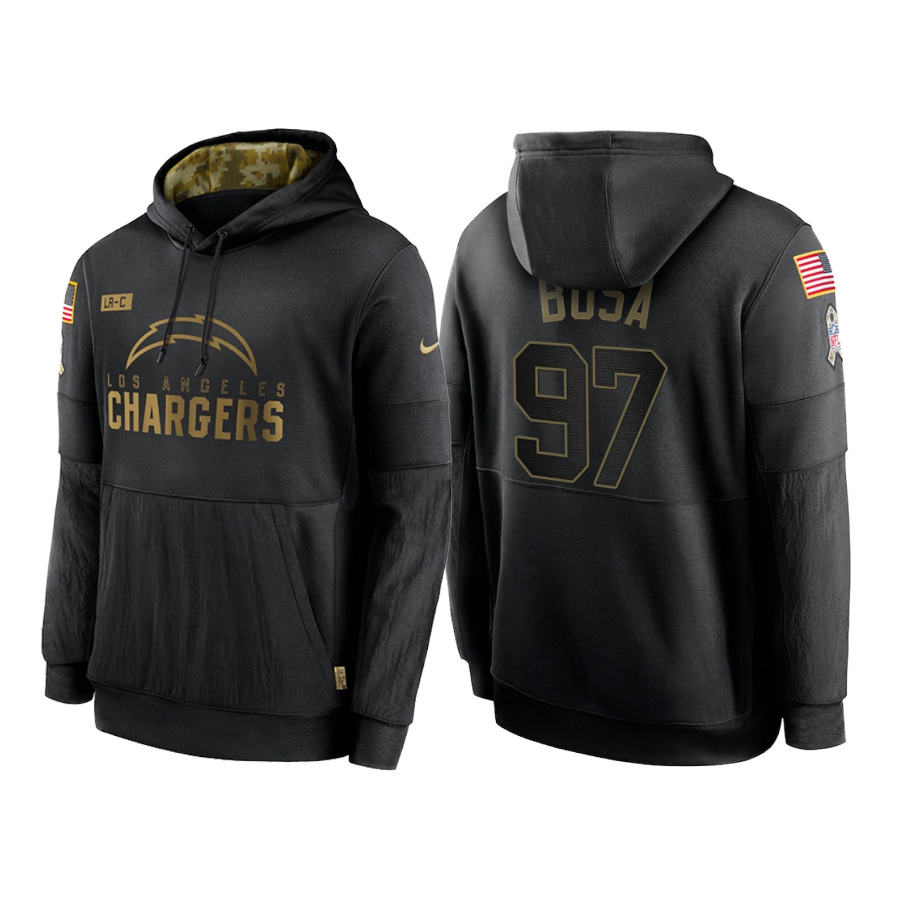 Men's Los Angeles Chargers #97 Joey Bosa 2020 Black Salute To Service Sideline Performance Pullover Hoodie