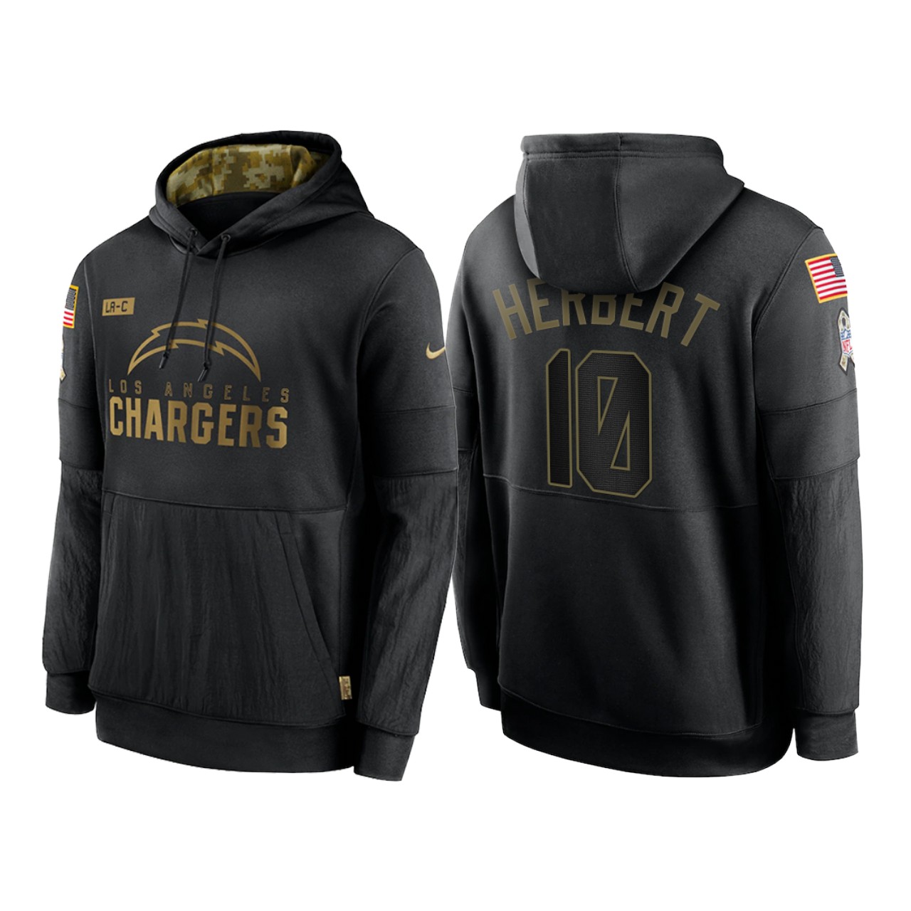 Men's Los Angeles Chargers #10 Justin Herbert 2020 Black Salute To Service Sideline Performance Pullover Hoodie