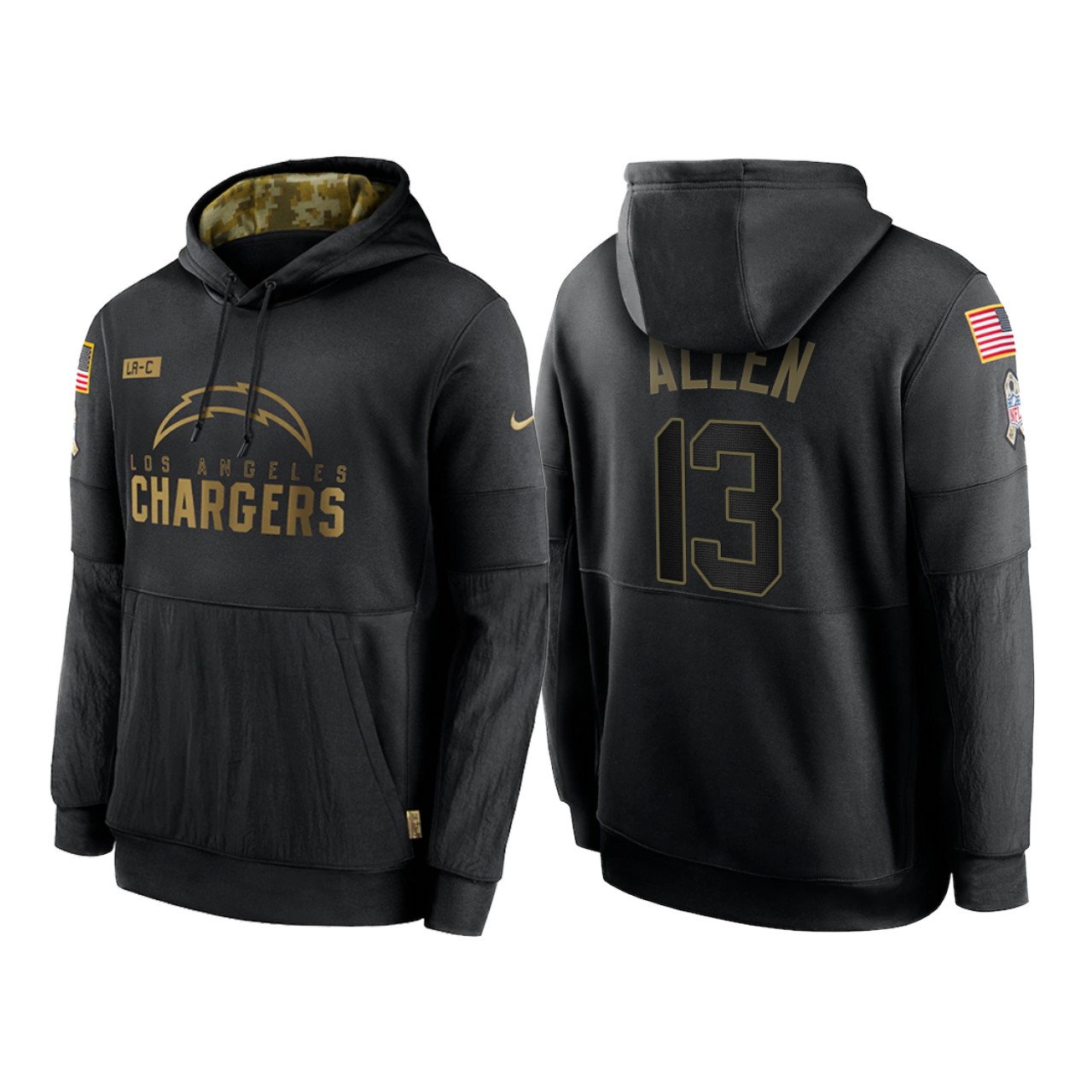 Men's Los Angeles Chargers #13 Keenan Allen 2020 Black Salute To Service Sideline Performance Pullover Hoodie