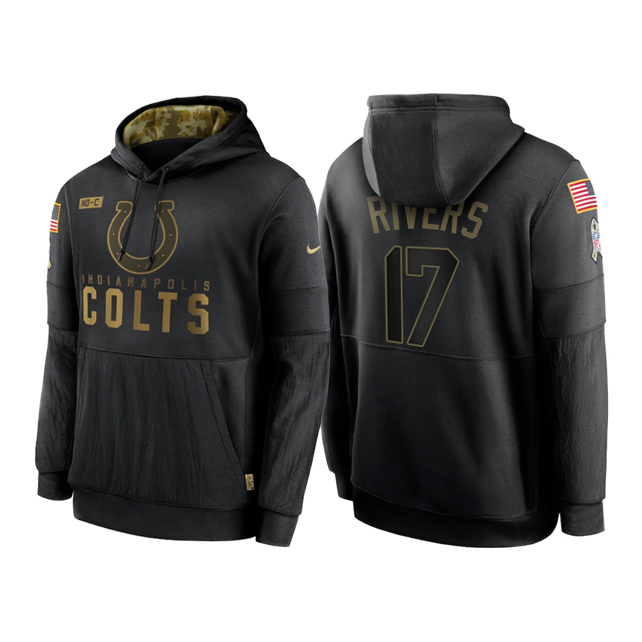 Men's Indianapolis Colts #17 Philip Rivers 2020 Black Salute To Service Sideline Performance Pullover Hoodie