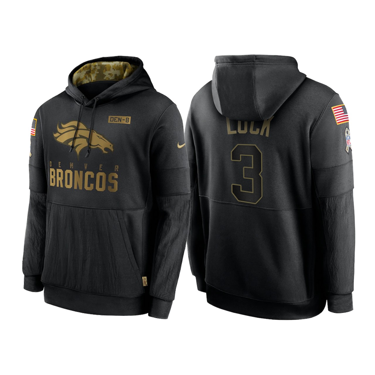 Men's Denver Broncos #3 Drew Lock 2020 Black Salute To Service Sideline Performance Pullover Hoodie