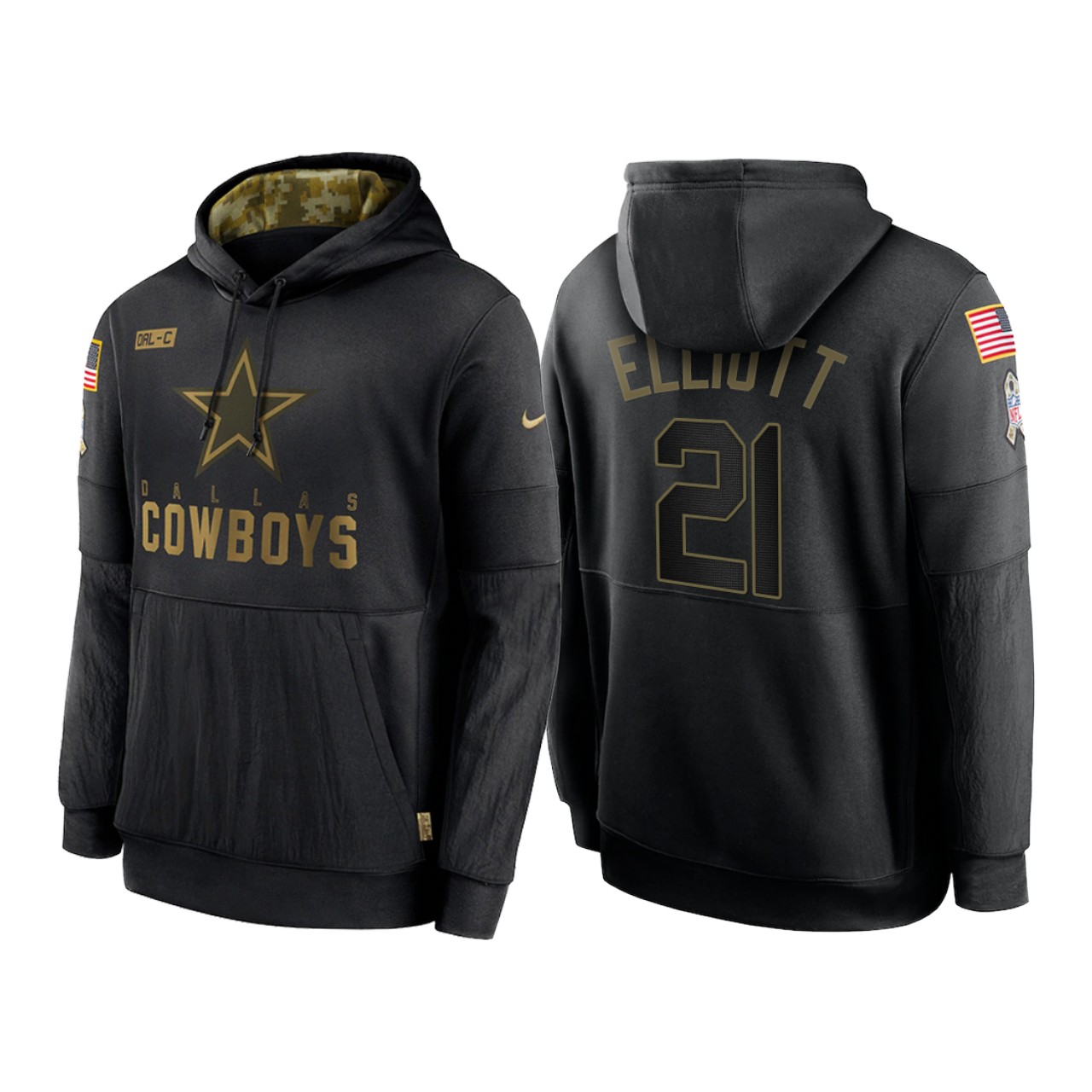 Men's Dallas Cowboys #21 Ezekiel Elliott 2020 Black Salute To Service Sideline Performance Pullover Hoodie