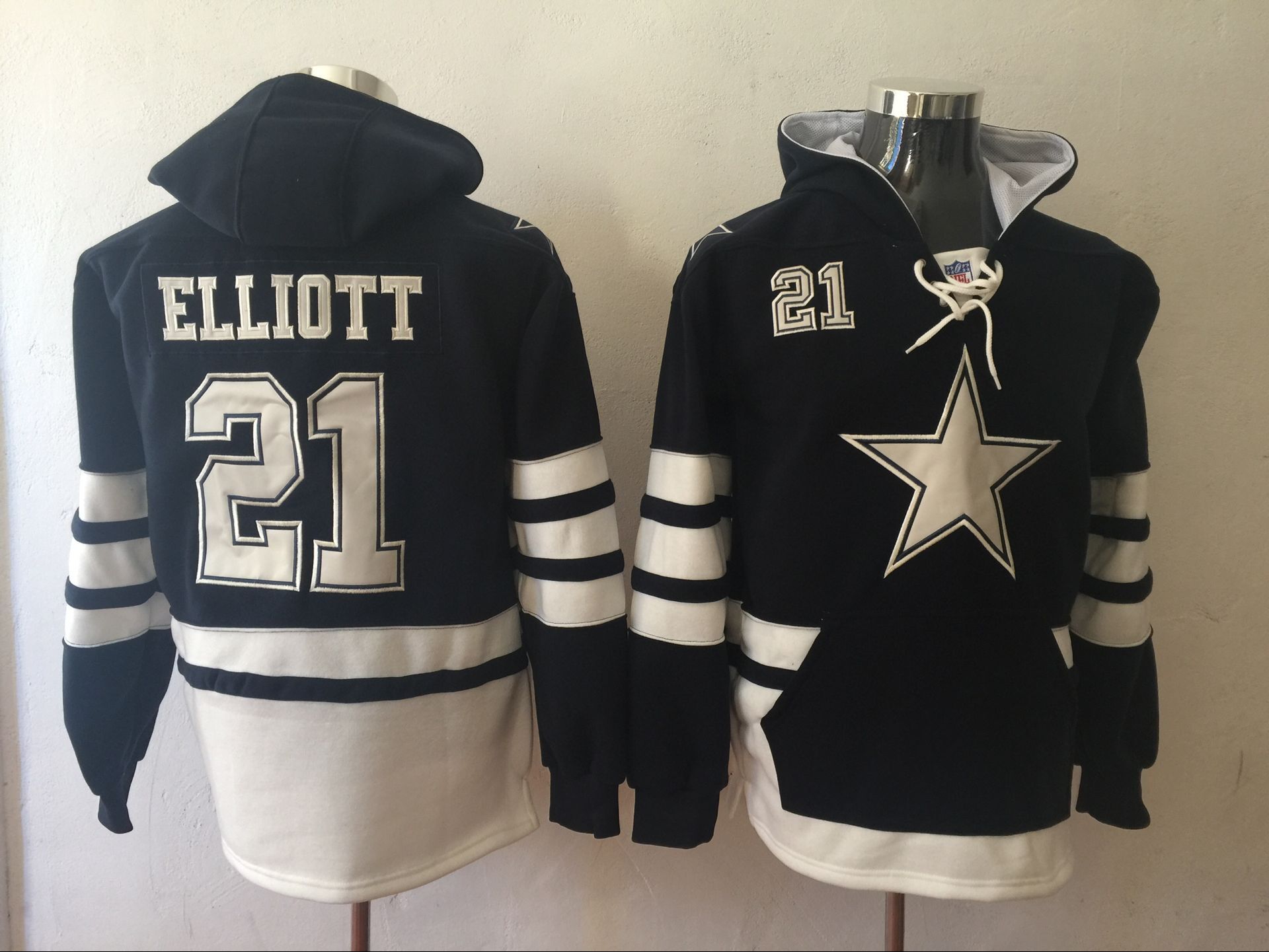 Men's Dallas Cowboys #21 Ezekiel Elliott Navy Blue All Stitched NFL Hoodie Sweatshirt