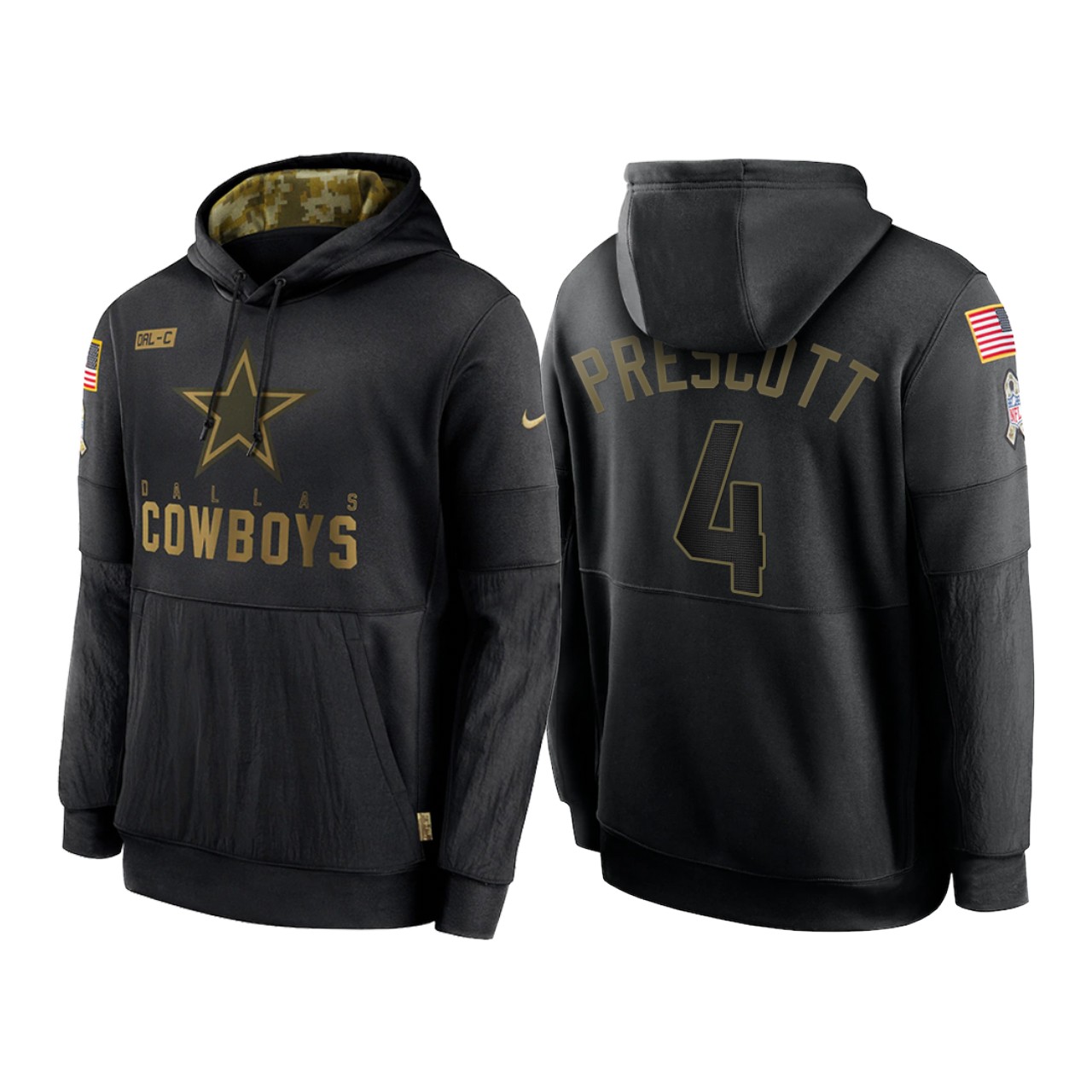 Men's Dallas Cowboys #4 Dak Prescott 2020 Black Salute To Service Sideline Performance Pullover Hoodie