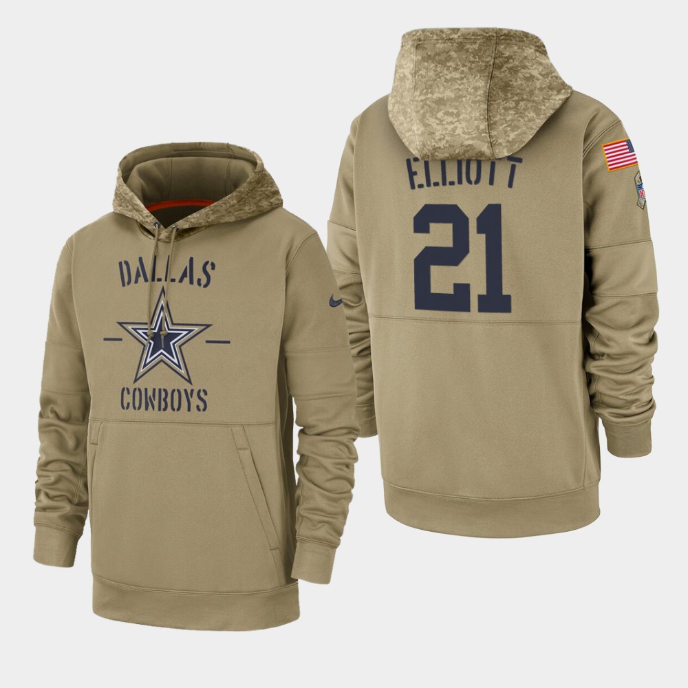 Men's Dallas Cowboys #21 Ezekiel Elliott Tan 2019 Salute To Service Sideline Therma Pullover Hoodie