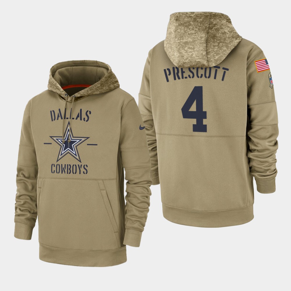 Men's Dallas Cowboys #4 Dak Prescott Tan 2019 Salute To Service Sideline Therma Pullover Hoodie