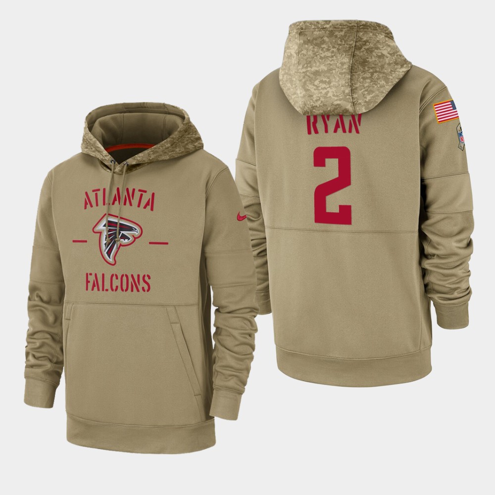 Men's Atlanta Falcons #2 Matt Ryan Tan 2019 Salute To Service Sideline Therma Pullover Hoodie