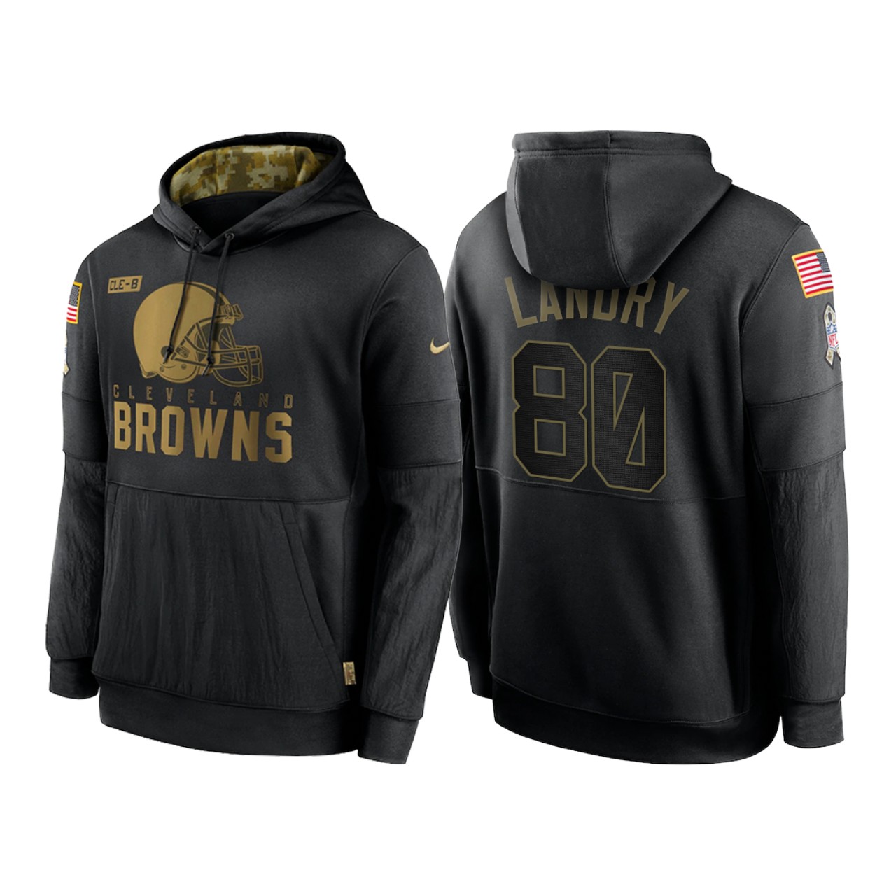 Men's Cleveland Browns #80 Jarvis Landry 2020 Black Salute To Service Sideline Performance Pullover Hoodie