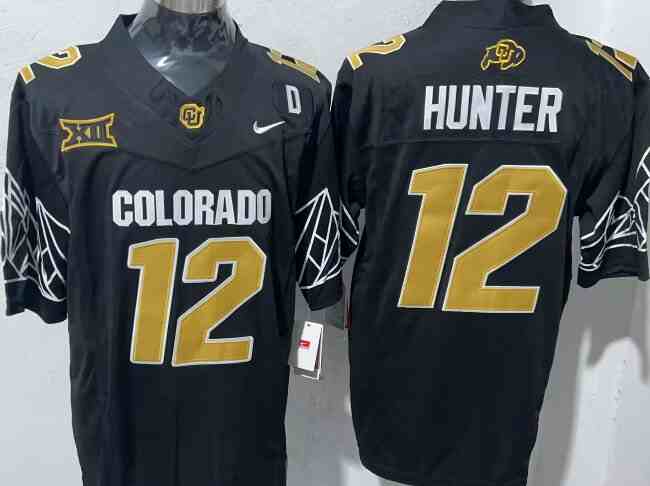 Men's Colorado Buffaloes #12 Travis Hunter Black With Big 12 XII Patch D Patch F.U.S.E Stitched Football Jersey