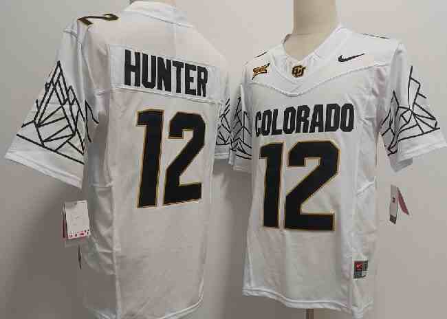 Men's Colorado Buffaloes #12 Travis Hunter White With Big 12 XII Patch 2024 F.U.S.E Stitched Football Jersey