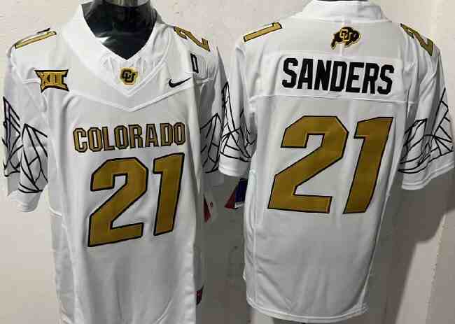 Men's Colorado Buffaloes #21 Shilo Sanders White  With Big 12 XII Patch D Patch F.U.S.E Stitched Football Jersey