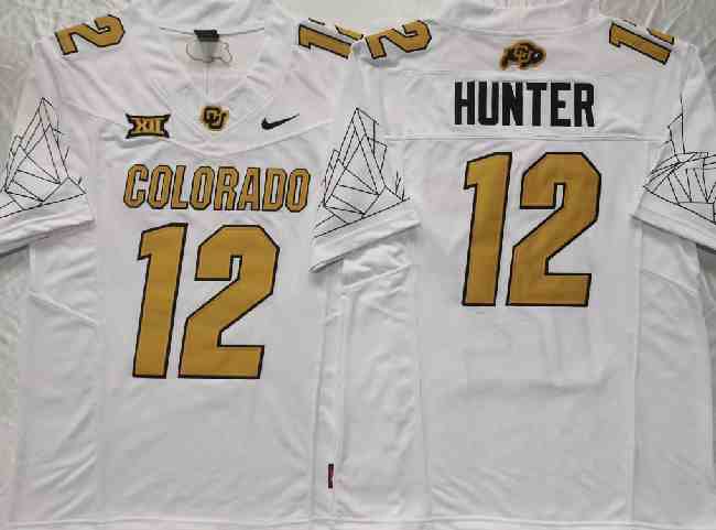 Men's Colorado Buffaloes #12 Travis Hunter White With Big 12 XII Patch 2024 F.U.S.E Stitched Football Jersey(PNG)