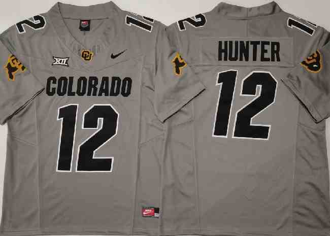 Men's Colorado Buffaloes #12 Travis Hunter Grey With Big 12 XII Patch 2024 F.U.S.E Stitched Football Jersey