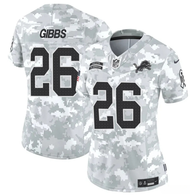 Women's Detroit Lions #26 Jahmyr Gibbs 2024 F.U.S.E Arctic Camo Salute To Service Limited Stitched Jersey(Run Small)