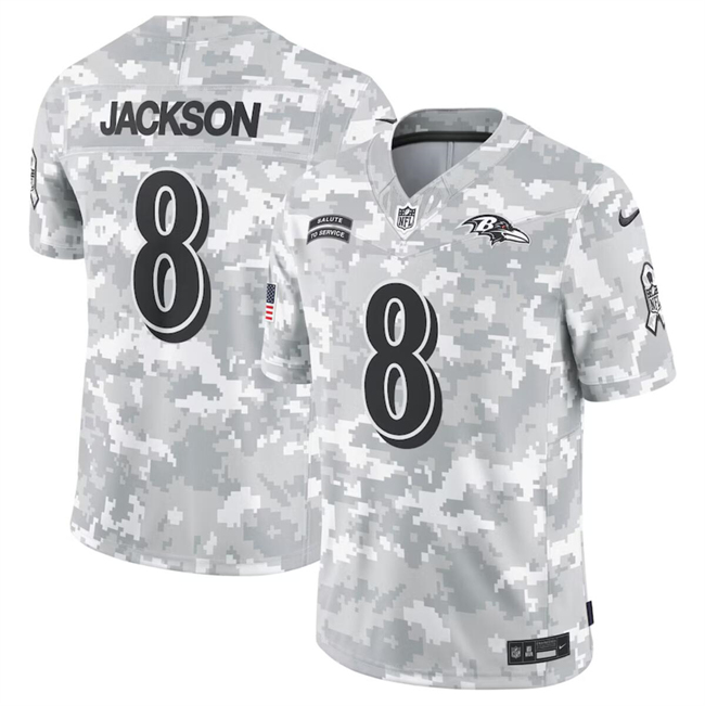 Men's Baltimore Ravens #8 Lamar Jackson 2024 F.U.S.E Arctic Camo Salute To Service Limited Stitched Football Jersey