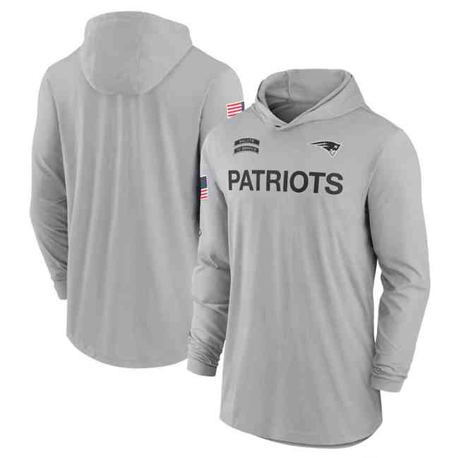 Men's New England Patriots 2024 Gray Salute To Service Lightweight Performance Long Sleeve Hooded T-Shirt