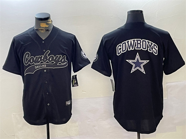 Men's Dallas Cowboys Team Big Logo Black With Patch Cool Base Stitched Button Jersey