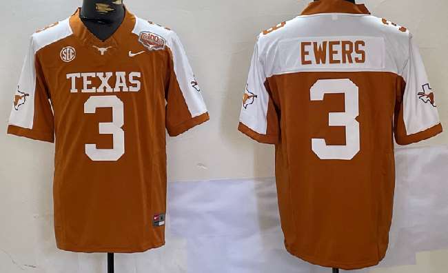 Men's Texas Longhorns #3 Quinn Ewers OrangeWhite F.U.S.E 100 Years Of Darrell K Royal Map & SEC Patch Stitched Jersey