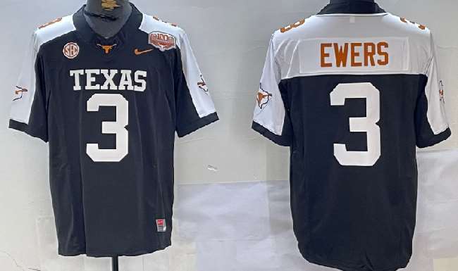 Men's Texas Longhorns #3 Quinn Ewers BlackWhite F.U.S.E 100 Years Of Darrell K Royal Map & SEC Patch Stitched Jersey