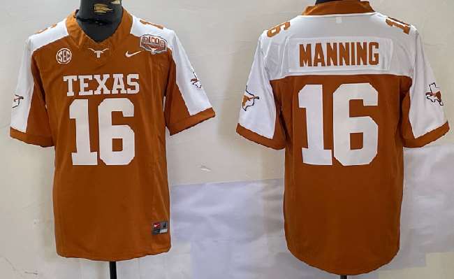 Men's Texas Longhorns #16 Peyton Manning OrangeWhite F.U.S.E 100 Years Of Darrell K Royal Map & SEC Patch Stitched Jersey
