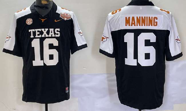 Men's Texas Longhorns #16 Peyton Manning Black White F.U.S.E 100 Years Of Darrell K Royal Map & SEC Patch Stitched Jersey