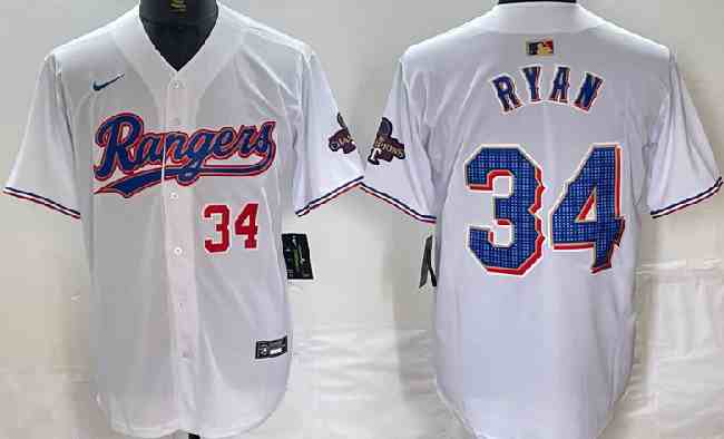 Men's Texas Rangers #34 Nolan Ryan Number White 2024 Gold Collection Limited Cool Base  Jersey
