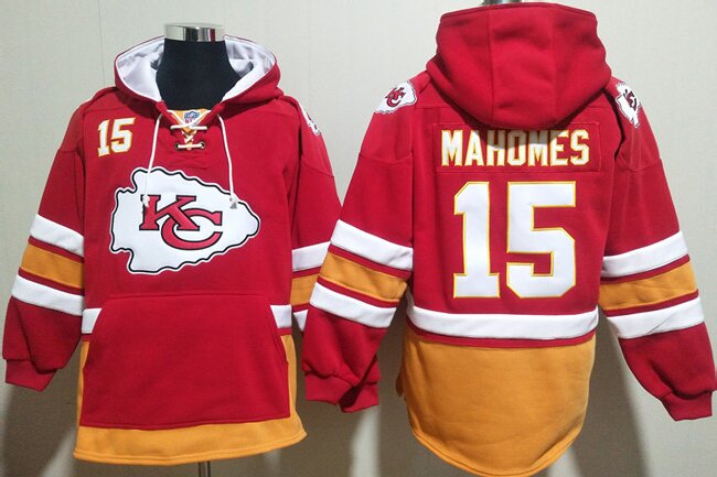 Men's Kansas City Chiefs #15 Patrick Mahomes Red Lace-Up Pullover Hoodie pocket