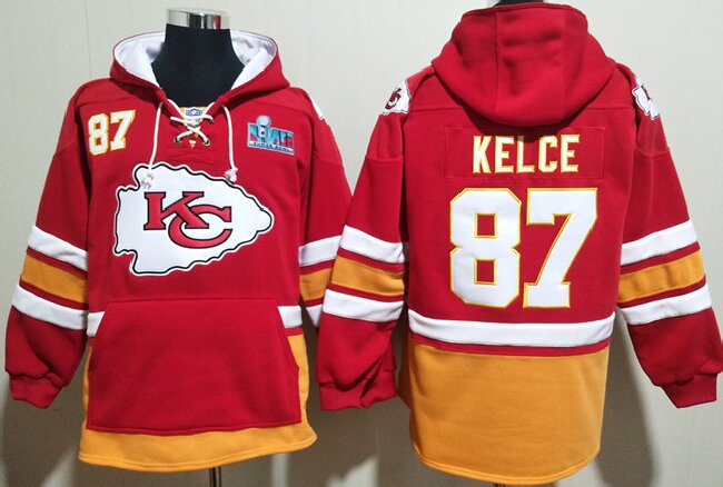 Men's Kansas City Chiefs #87 Travis Kelce Red Super Bowl Lace-Up Pullover Hoodie pocket