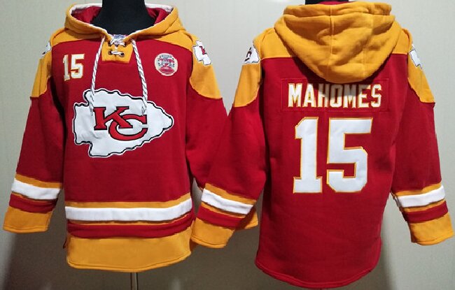 Men's Kansas City Chiefs #15 Patrick Mahomes Red yellow Lace-Up Pullover  Hoodie