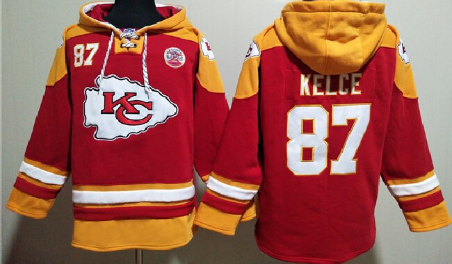 Men's Kansas City Chiefs #87 Travis Kelce Red yellow Lace-Up Pullover  Hoodie
