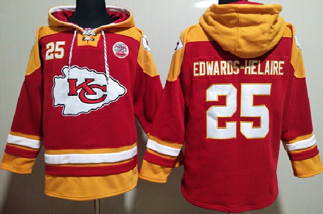 Men's Kansas City Chiefs #25 Clyde Edwards-Helaire Red yellow Lace-Up Pullover Hoodie