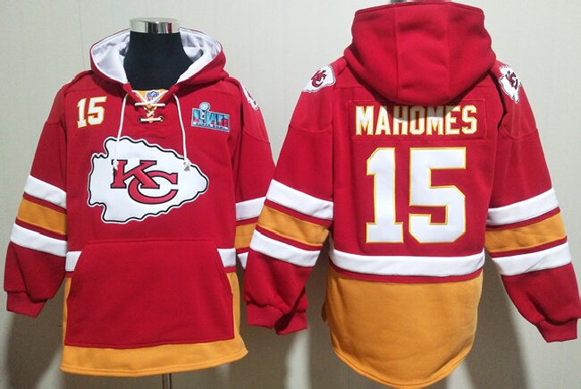 Men's Kansas City Chiefs #15 Patrick Mahomes Red Super Bowl Lace-Up Pullover Hoodie pocket