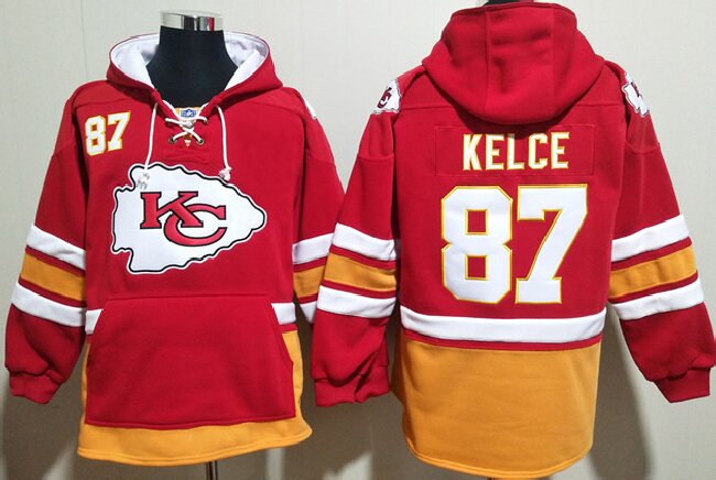 Men's Kansas City Chiefs #87 Travis Kelce Red Lace-Up Pullover Hoodie pocket