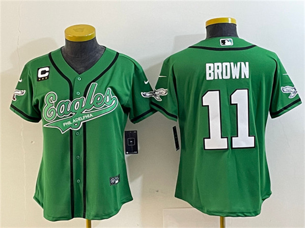 Youth Philadelphia Eagles #11 A. J. Brown Green With 3-Star C Patch Cool Base Stitched Baseball Jersey(Run Small)
