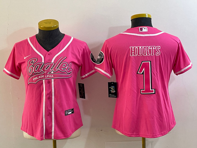 Youth Philadelphia Eagles #1 Jalen Hurts Pink Cool Base Stitched Baseball Jersey(Run Small)
