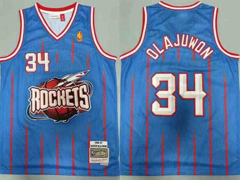 Mens Nba Houston Rockets #34 Hakeem Olajuwon Light Blue Stripe 96-97 Mitchell&ness Hardwood Classics Jersesy
