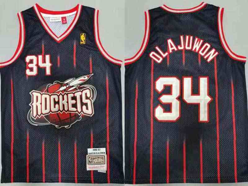 Mens Nba Houston Rockets #34 Hakeem Olajuwon Black Stripe 96-97 Mitchell&ness Hardwood Classics Jersesy
