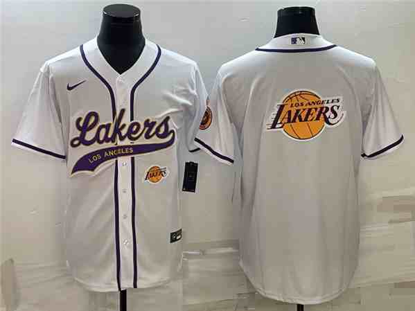 Men's Los Angeles Lakers White Team Big Logo With Patch Cool Base Stitched Baseball  Jersey