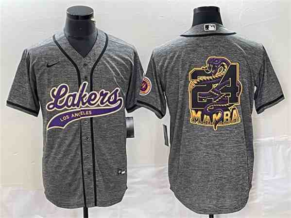 Men's Los Angeles Lakers #24 Mamba Big Logo Gray Cool Base Stitched Baseball Jersey