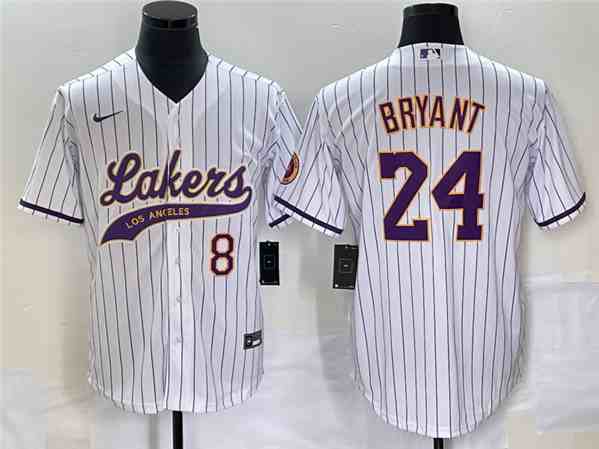 Men's Los Angeles Lakers Front #8 Back #24 Kobe Bryant  White Cool Base With Patch Stitched Baseball Jersey