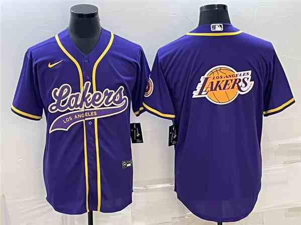 Men's Los Angeles Lakers Purple Team Big Logo Cool Base Stitched Baseball Jersey