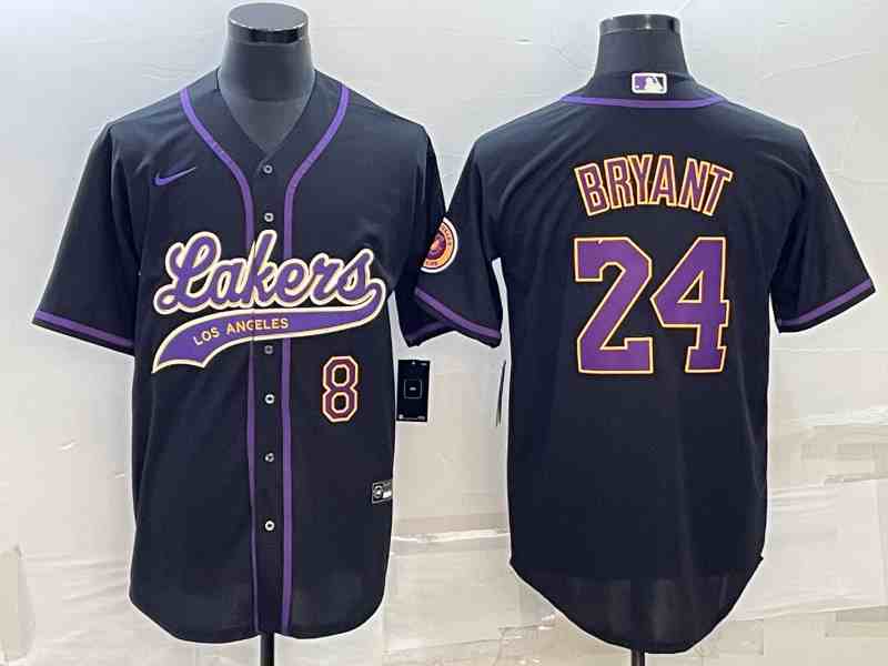 Men's Los Angeles Lakers Front #8 Back #24 Kobe Bryant Black Cool Base Stitched Baseball  Jersey