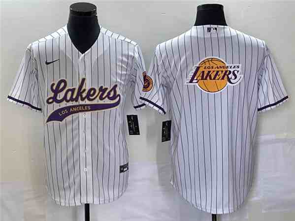 Men's Los Angeles Lakers White Team Big Logo Cool Base With Patch Stitched Baseball  Jersey