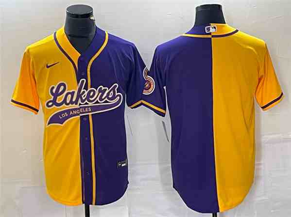 Men's Los Angeles Lakers Blank Gold  Purple Split Cool Base Stitched Baseball Jersey