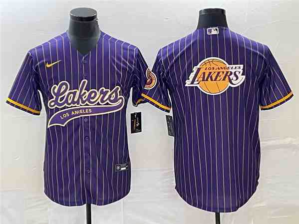 Men's Los Angeles Lakers Team Big Logo Purple Cool Base With Patch Stitched Baseball  Jersey