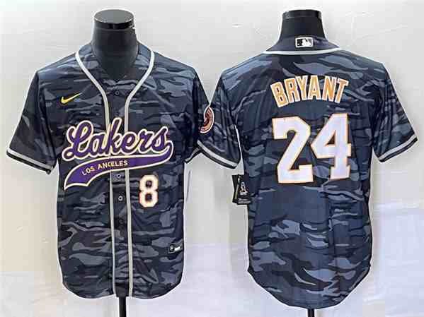 Men's Los Angeles Lakers Front #8 Back #24 Kobe Bryant Gray Camo Cool Base With Patch Stitched Baseball Jersey