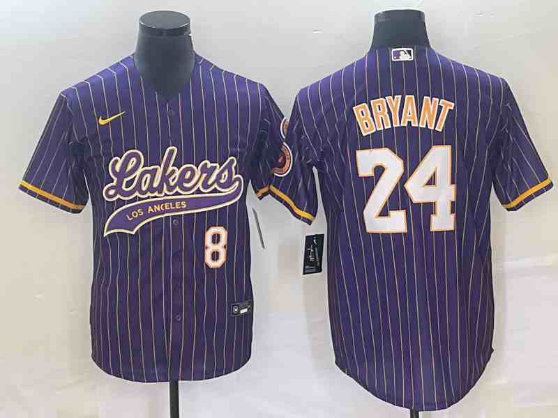 Men's Los Angeles Lakers Front #8 Back #24 Kobe Bryant Purple Cool Base With Patch Stitched Baseball  Jersey