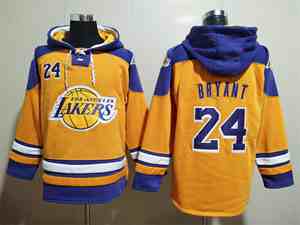 Mens Nba Los Angeles Lakers #24 Kobe Bryant Yellow Pullover Hoodie Jersey No Pocket