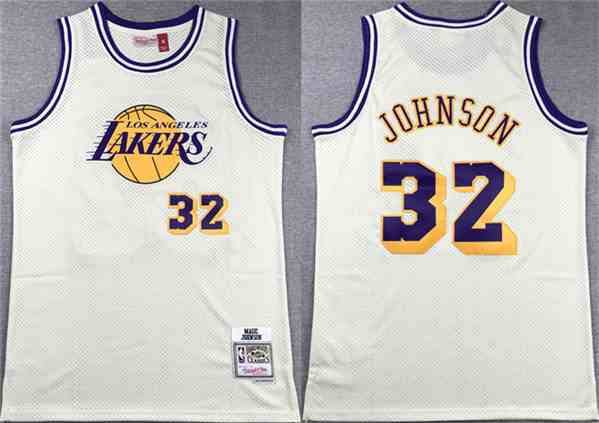 Men's Los Angeles Lakers #32 Magic Johnson White Throwback Basketball Jersey